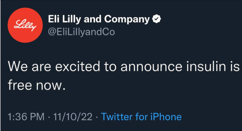Tweet del profilo fake di Eli Lilly